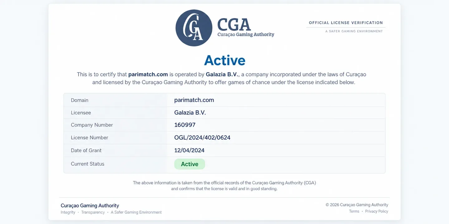 CGA подтверждает активную лицензию OGL/2024/402/0624 для основного домена parimatch Сертификат CGA для домена parimatch.com