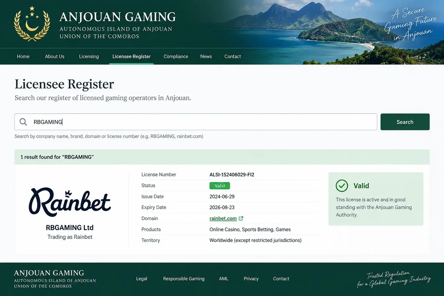 Запись rainbet.com в официальном реестре Anjouan Gaming