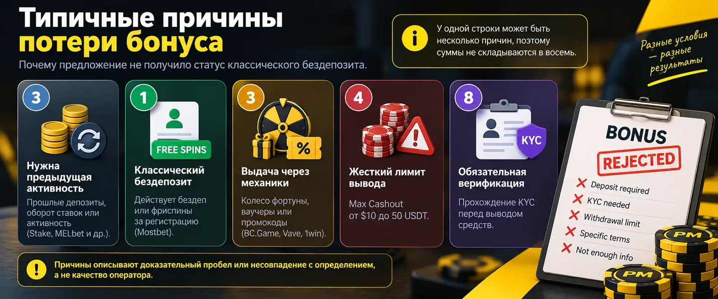 Причины, по которым предложения не прошли no-deposit тест