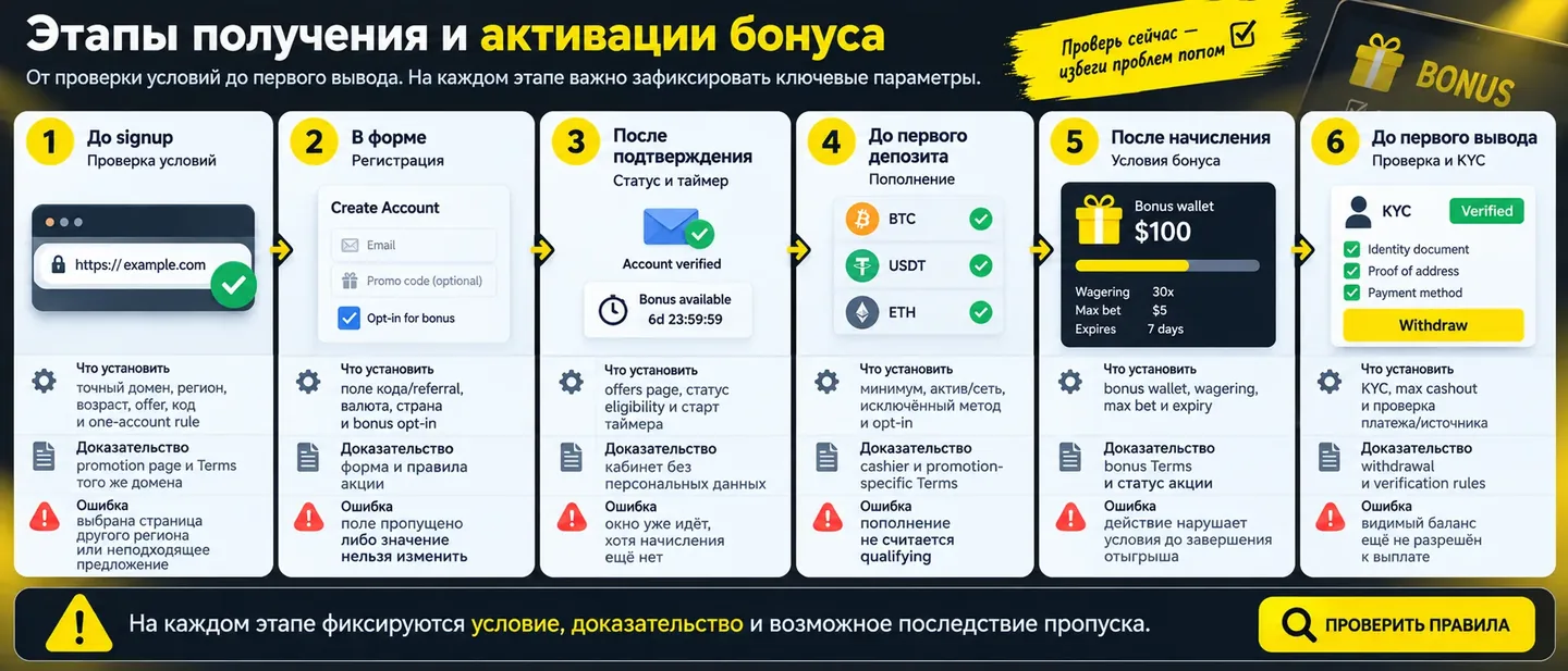 На каждом этапе фиксируются условие, доказательство и последствие пропуска Этапы от проверки условий до первого вывода