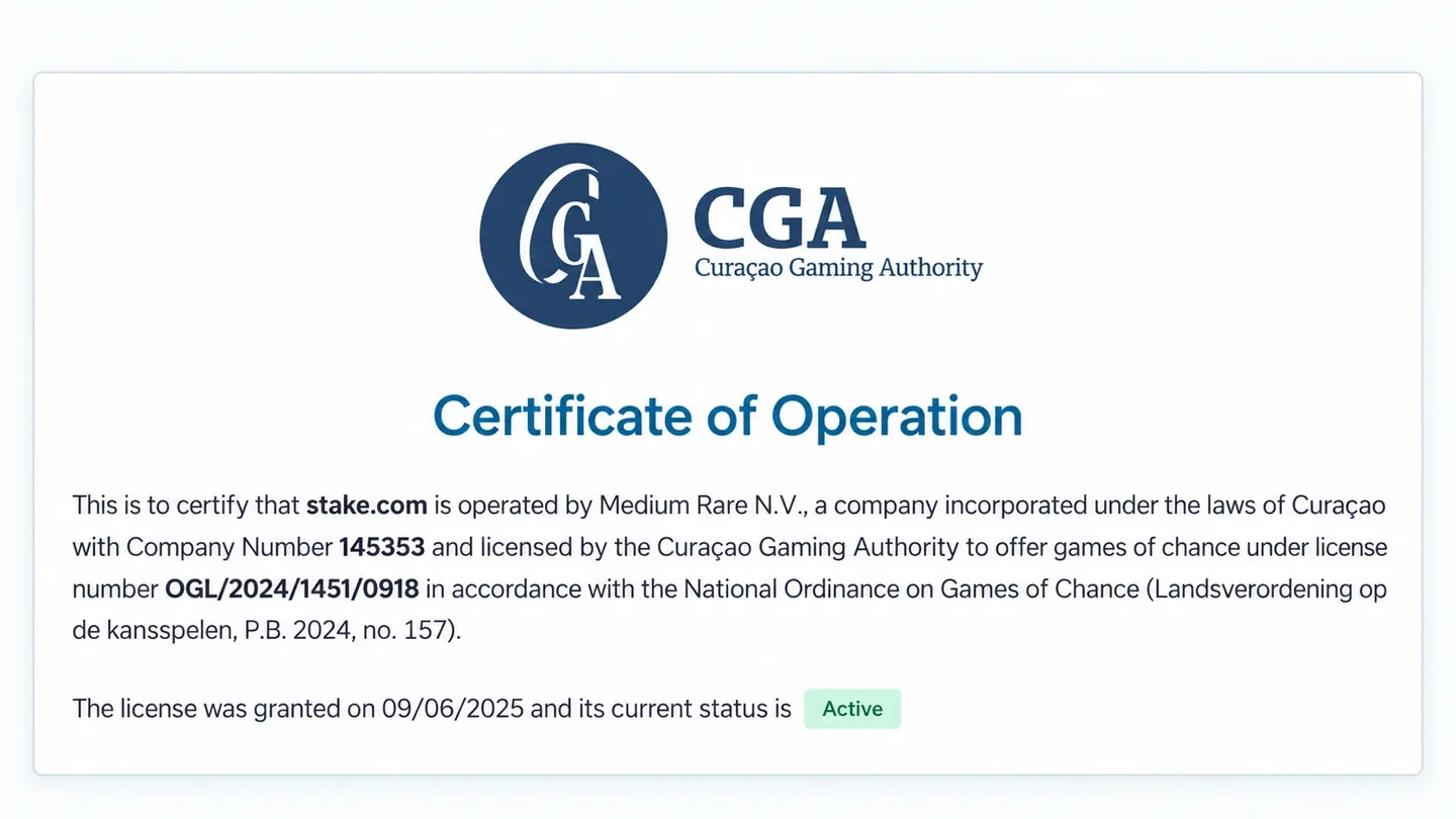 Активный сертификат stake.com в реестре Curaçao Gaming Authority