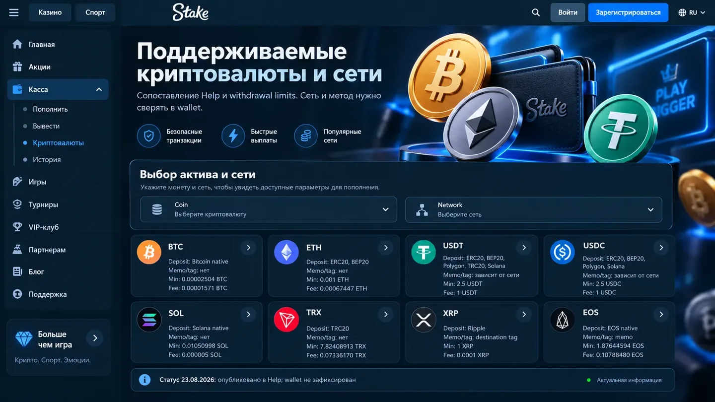 Выбор криптовалюты и сети в кошельке Stake