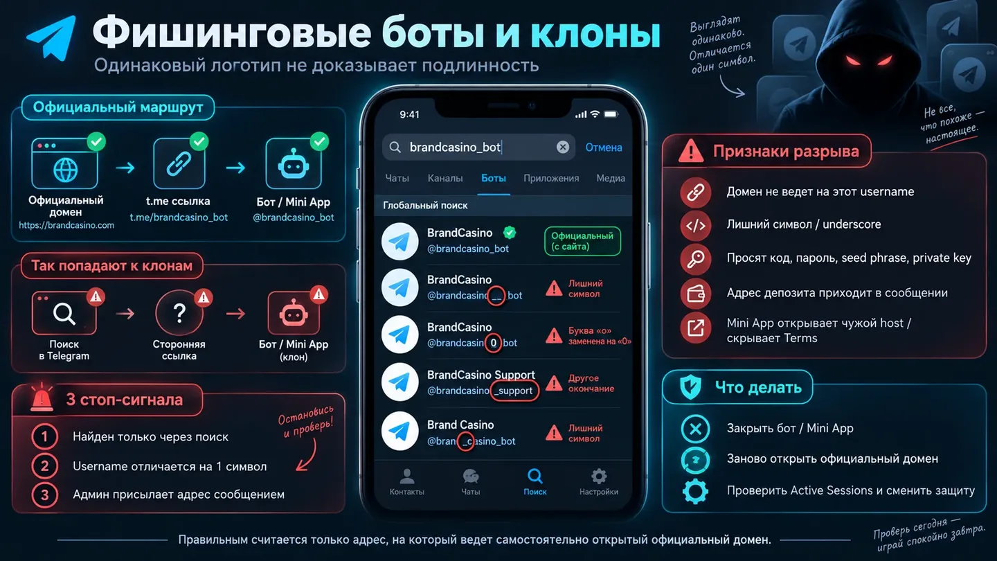 Вымышленные handles отличаются одним символом; правильным считается только адрес, на который ведёт самостоятельно открытый официальный домен Почему похожий username не подтверждает официальный бот