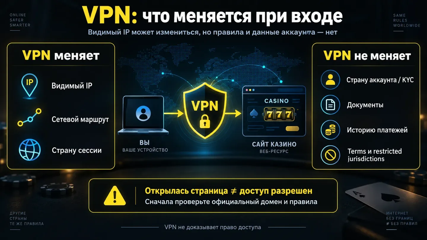 Видимый IP может измениться, но страна аккаунта, документы, платежи, Terms и реестр остаются прежними Что VPN меняет и не меняет при входе в казино
