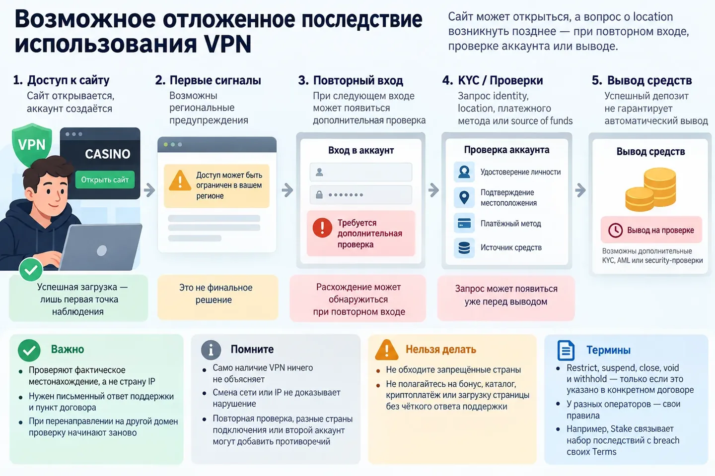 Сайт может открыться, а вопрос о location возникнуть позднее — при повторном входе, проверке аккаунта или выводе Возможное отложенное последствие использования VPN
