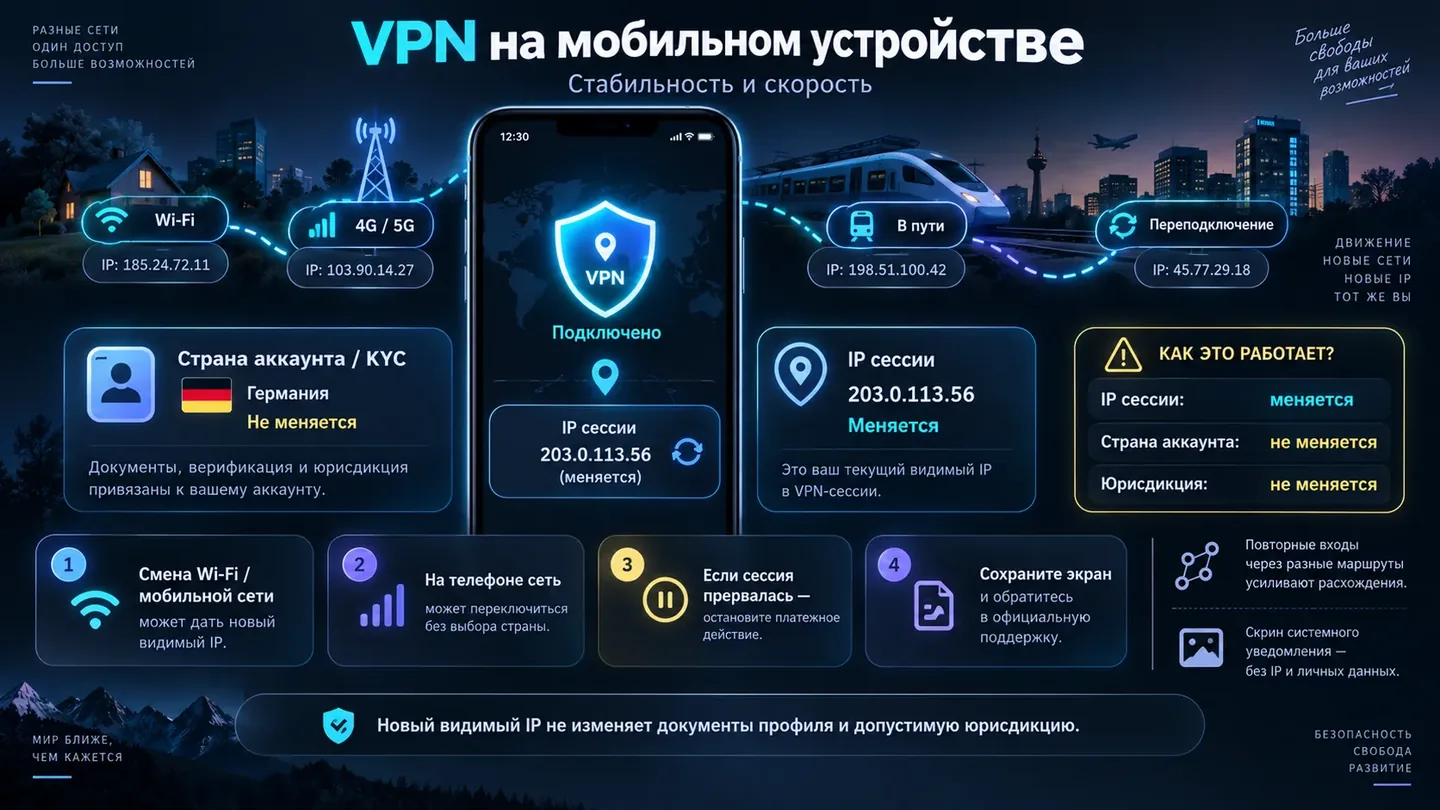 Новый видимый IP не изменяет документы профиля и допустимую юрисдикцию; на мобильном устройстве сеть может смениться без выбора страны Расхождение между IP сессии и страной аккаунта