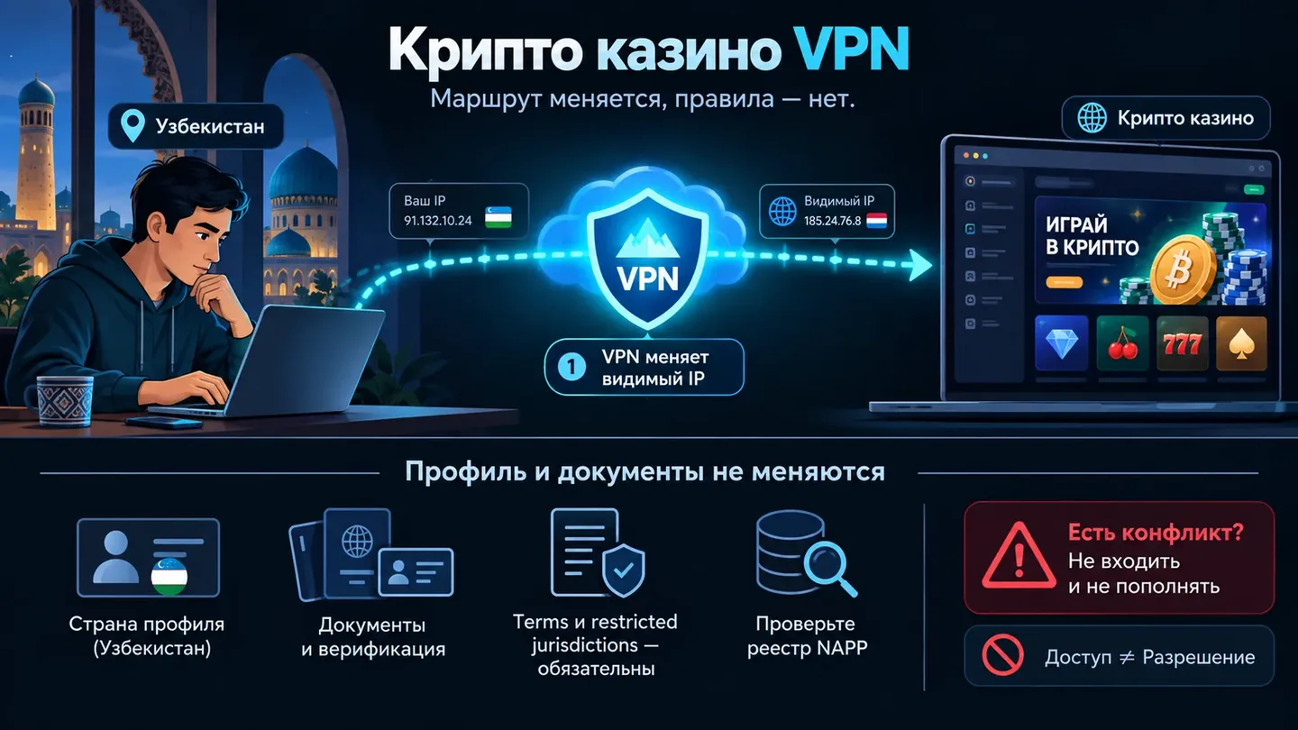 Сетевой маршрут изменился, но сведения аккаунта и договорные ограничения остались прежними Рабочий VPN изменил видимый IP при открытии сайта казино