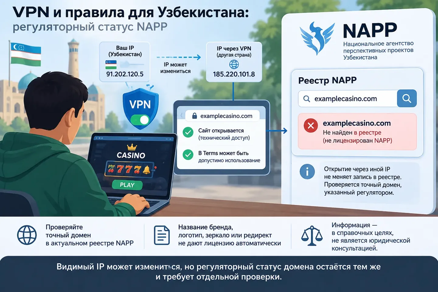 Видимый IP может измениться, но регуляторный статус домена остаётся тем же и требует отдельной проверки VPN не меняет запись точного домена в реестре NAPP